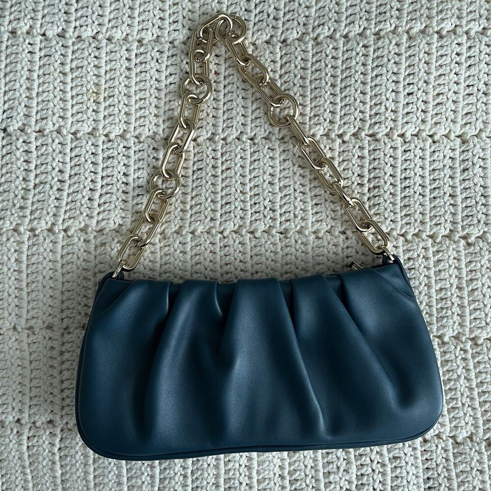 A New Day Teal and Gold Baguette Evening Shoulder Bag With Chain Handle - Picture 4 of 9
